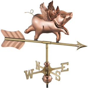 Flying Pig Cottage Weathervane - Polished Copper w/Roof Mount by Good Directions